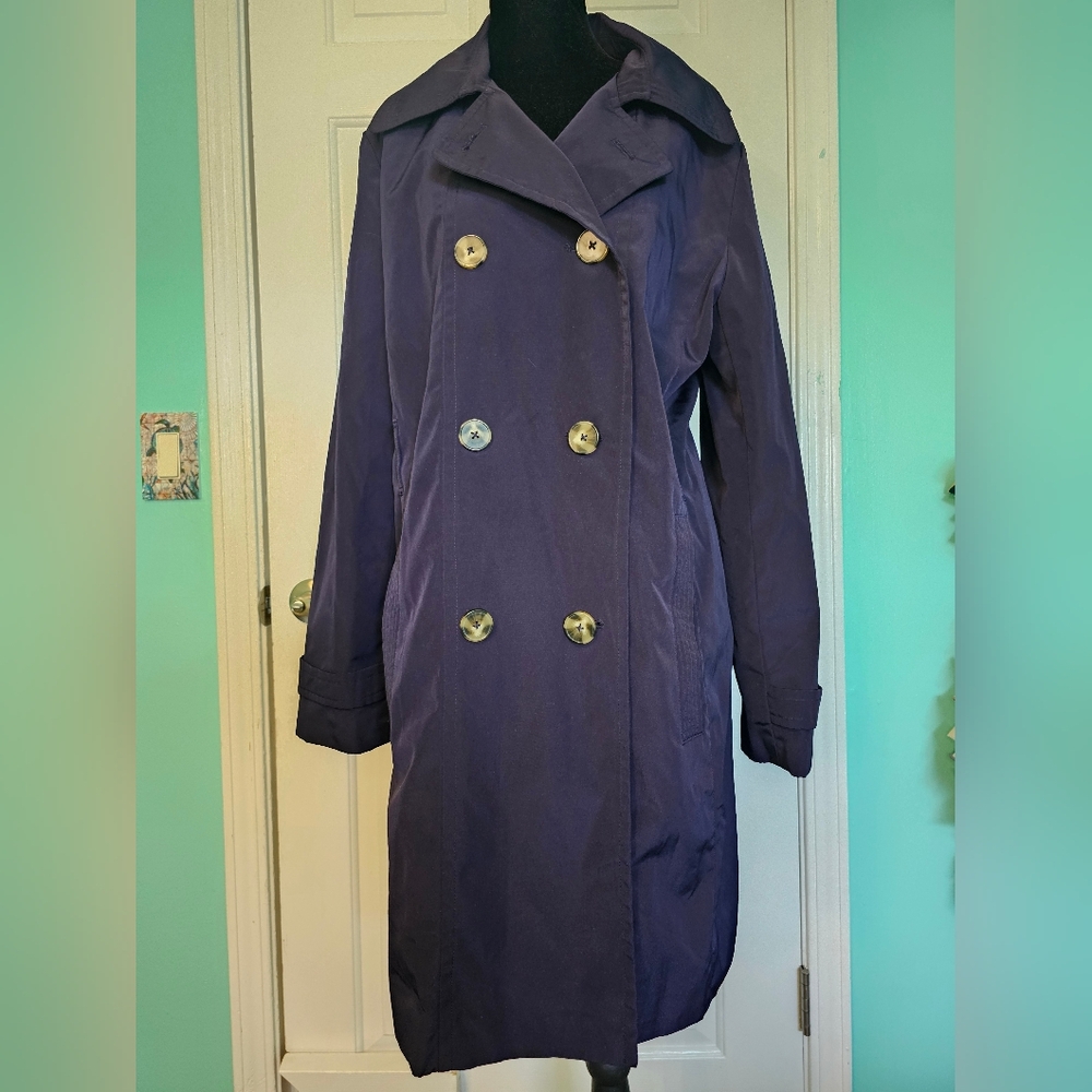 London Fog Double Breasted Rain Resistant Navy Trench Coat Women's Sz L